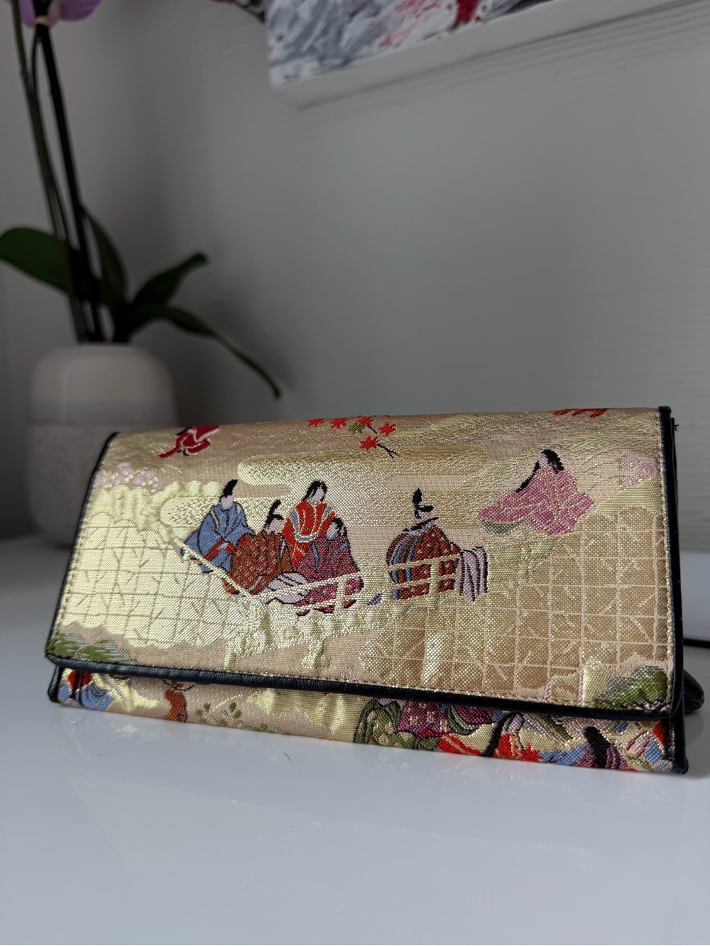 Vintage Japanese Silk Brocade Long Wallet Checkbook Cover Tale of Genji Gold